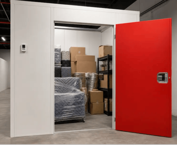 Storage unit interior with red door at Wadaya Self Storage in Tubli