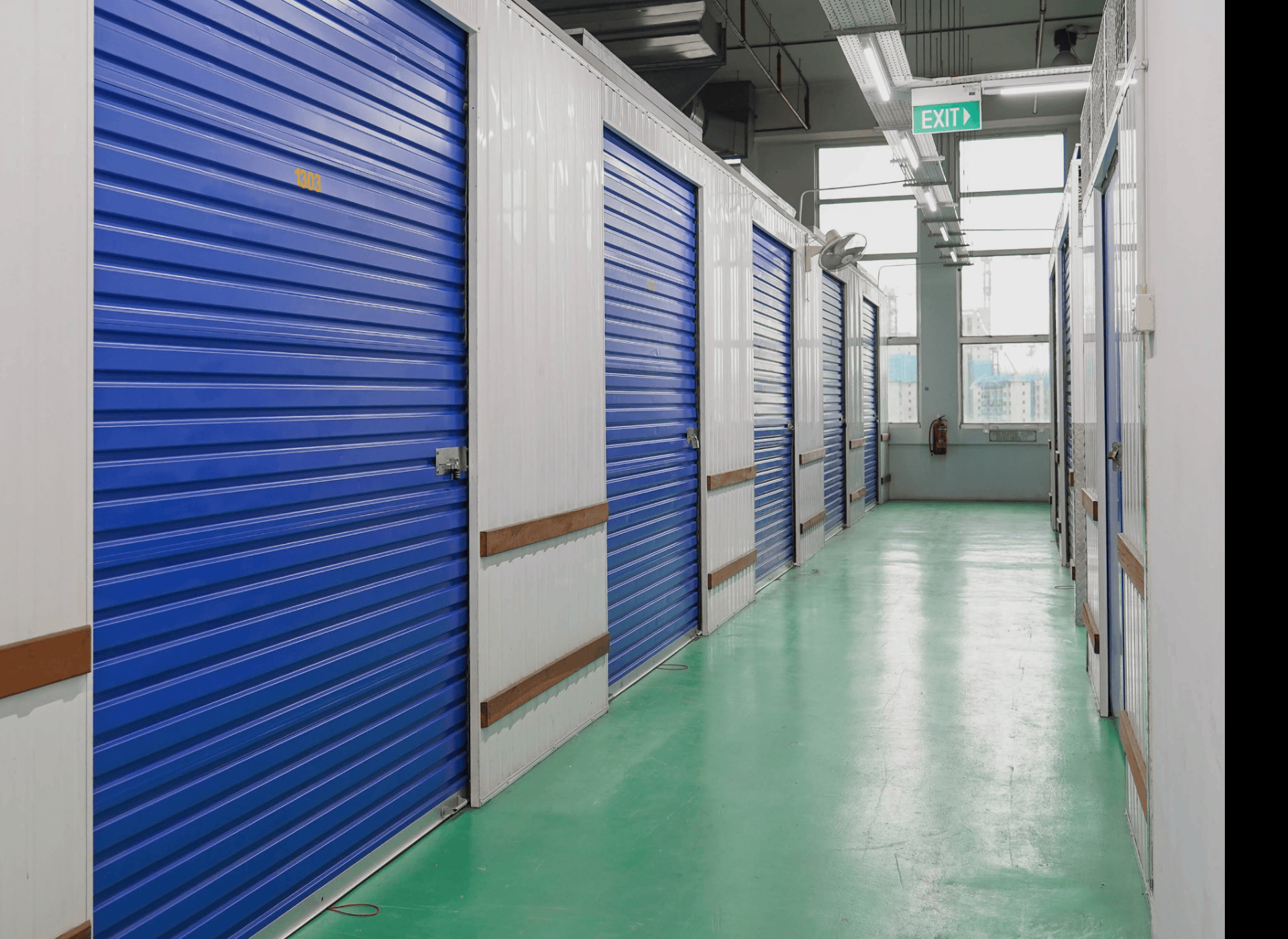 U-Store@SG Ubi storage corridor with blue roller doors